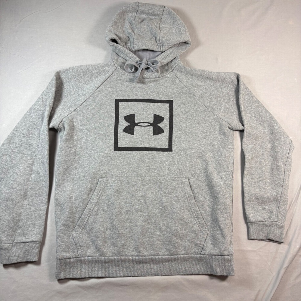 Under‎ Armour Rival Fleece Hoodie Mens Medium Gray Box Logo Pullover 1329745